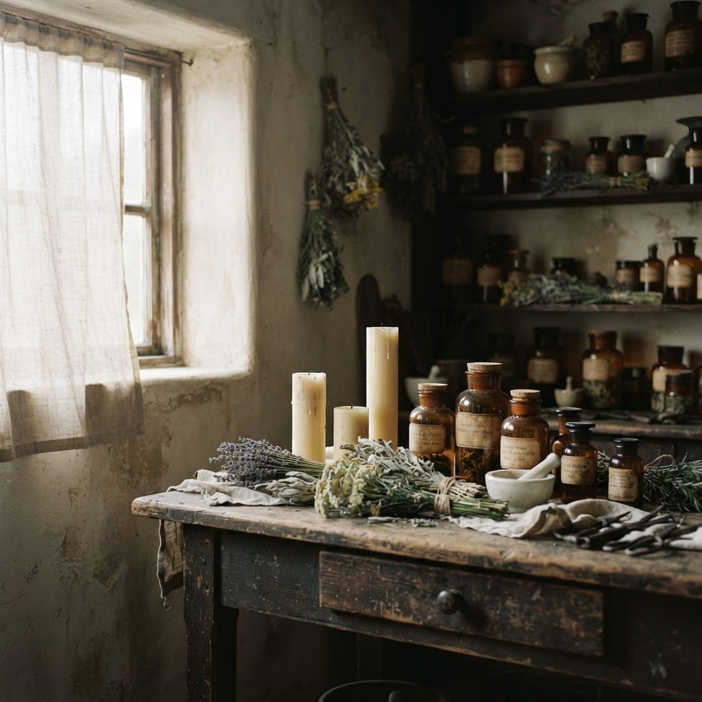 Aged apothecary interior with candles and dried botanicals in soft coastal light