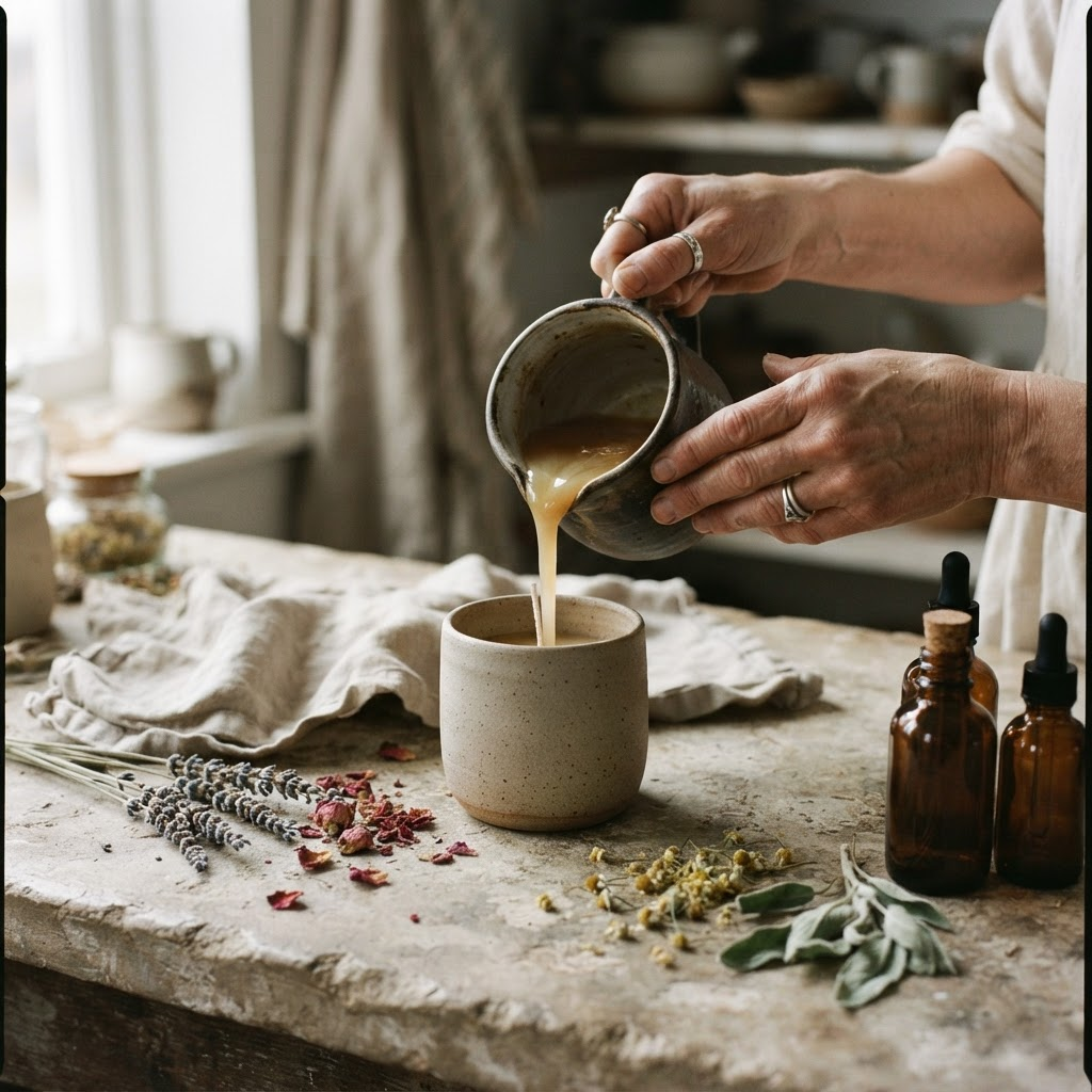 Hands pouring warm candle wax into a ceramic vessel on a stone table